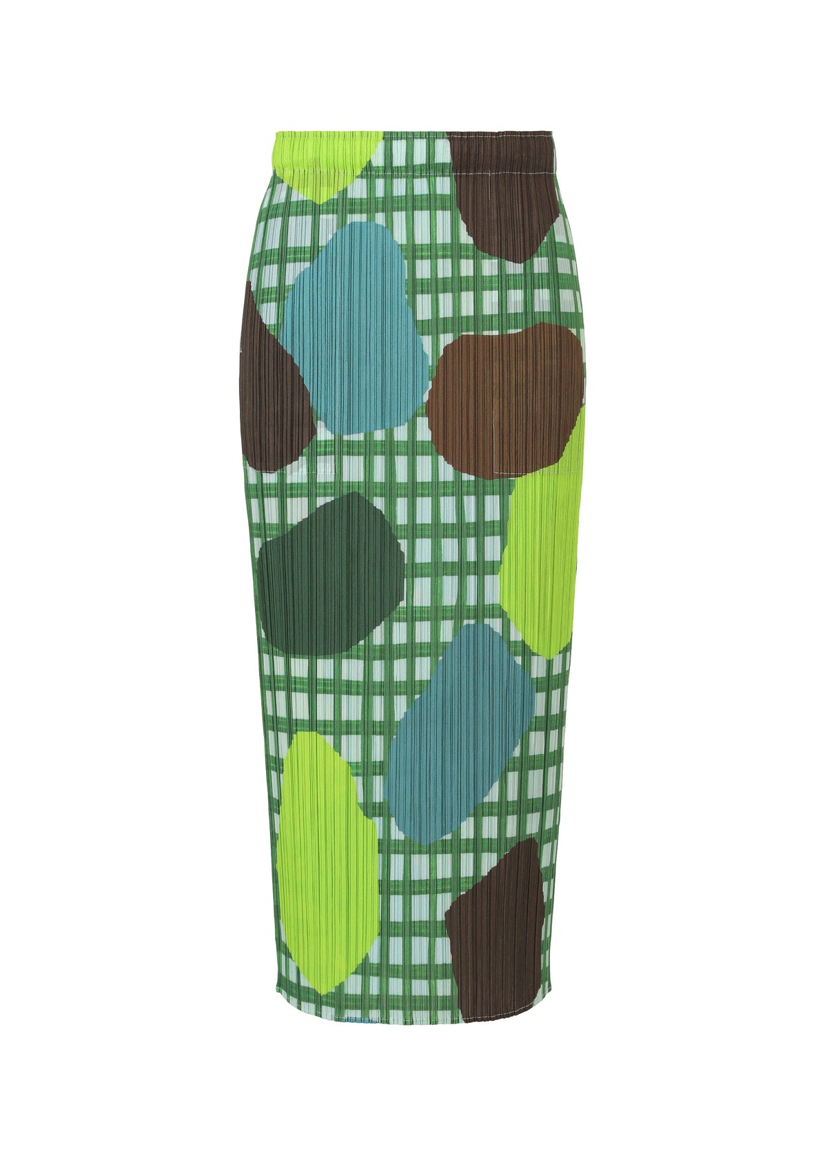 The MARKET skirt by PLEATS PLEASE ISSEY MIYAKE is knee-length with a green and white check print, overlaid with large, irregular blue, green, brown, and yellow shapes. Features convenient pockets for extra functionality. view 2 of 6
