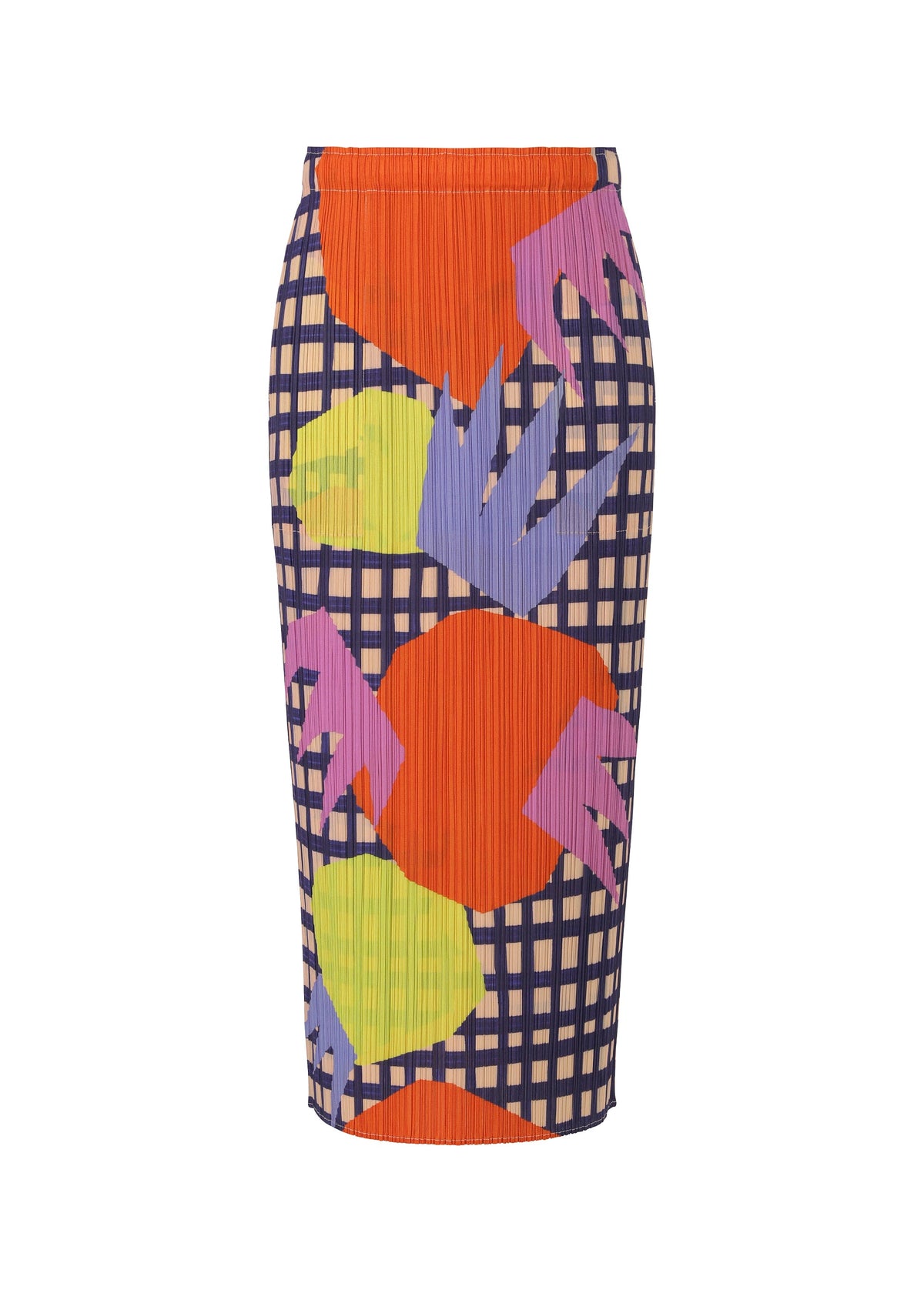 The MARKET skirt by PLEATS PLEASE ISSEY MIYAKE is high-waisted with a bold geometric print in orange, green, and purple over a navy and cream checkered background, plus convenient pockets. view 1 of 6