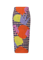 The MARKET skirt by PLEATS PLEASE ISSEY MIYAKE is knee-length and fitted, featuring bold abstract orange, green, and purple shapes over a navy and beige checkered background with a pleated texture.