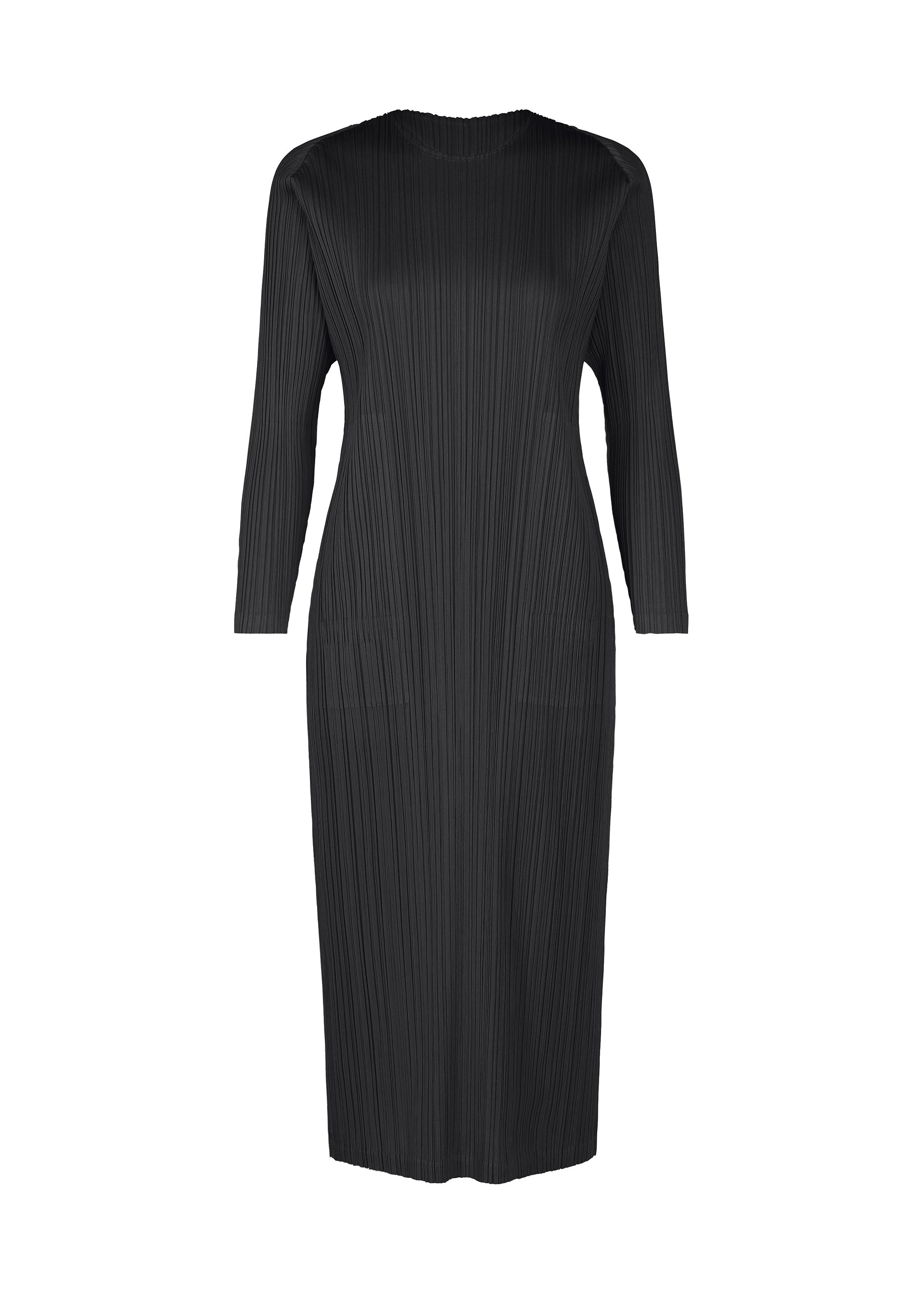 Zoomed view From the MONTHLY COLORS : FEBRUARY collection by PLEATS PLEASE ISSEY MIYAKE, this black knee-length long-sleeved dress has a round neck and vertical pleats, shown against a white background. - BLACK （no.15）