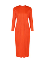 A fitted, long-sleeved bright orange midi dress with vertical pleats from PLEATS PLEASE ISSEY MIYAKE’s MONTHLY COLORS : FEBRUARY series, shown against a white background. - RED （no.24）