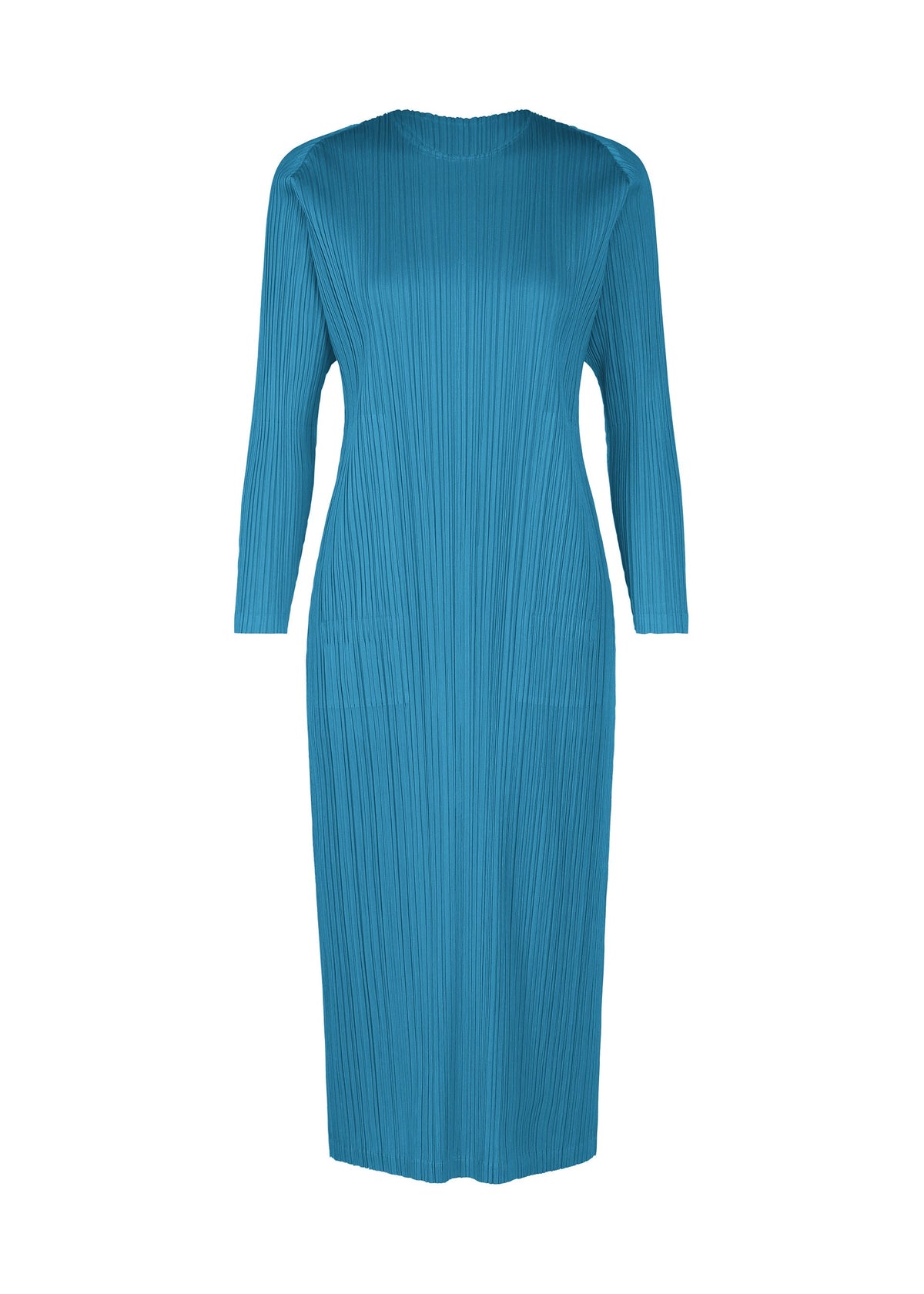 The MONTHLY COLORS : FEBRUARY dress by PLEATS PLEASE ISSEY MIYAKE is a teal blue, round-neck, long-sleeved, knee-length piece with vertical pleats throughout, shown against a plain white background. view 4 of 9