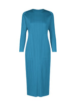 The MONTHLY COLORS : FEBRUARY dress by PLEATS PLEASE ISSEY MIYAKE is a teal blue, round-neck, long-sleeved, knee-length piece with vertical pleats throughout, shown against a plain white background. - DEEP BLUE （no.76）