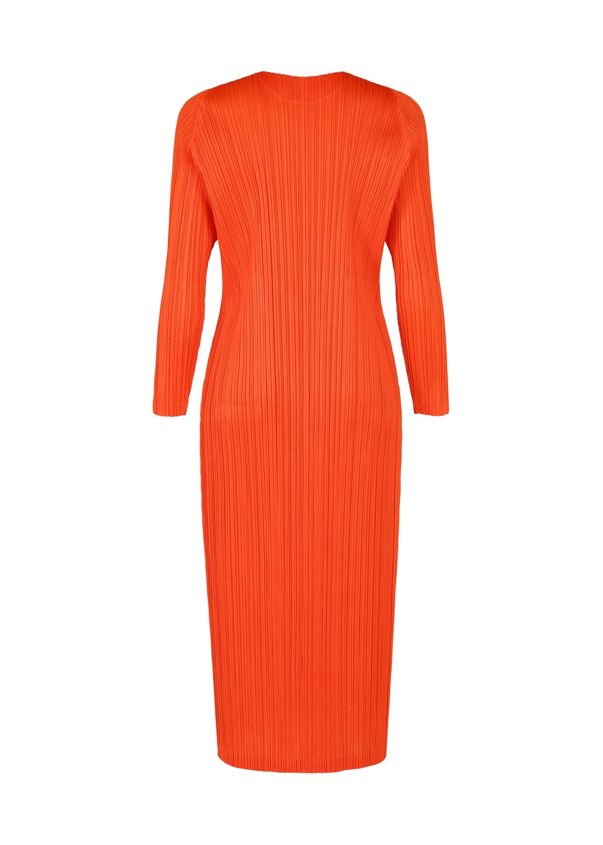 A vivid orange, long-sleeved midi dress from PLEATS PLEASE ISSEY MIYAKE's MONTHLY COLORS : FEBRUARY series features a high neckline and vertical pleats, shown against a plain white background. view 6 of 9