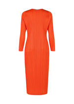 A vivid orange, long-sleeved midi dress from PLEATS PLEASE ISSEY MIYAKE's MONTHLY COLORS : FEBRUARY series features a high neckline and vertical pleats, shown against a plain white background.