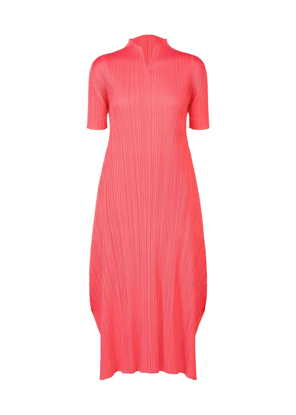 The MONTHLY COLORS : MARCH dress by PLEATS PLEASE ISSEY MIYAKE is bright pink, knee-length, with short sleeves, a pleated texture, high neckline, relaxed fit, and a subtly flared hem. No patterns or embellishments. view 2 of 11