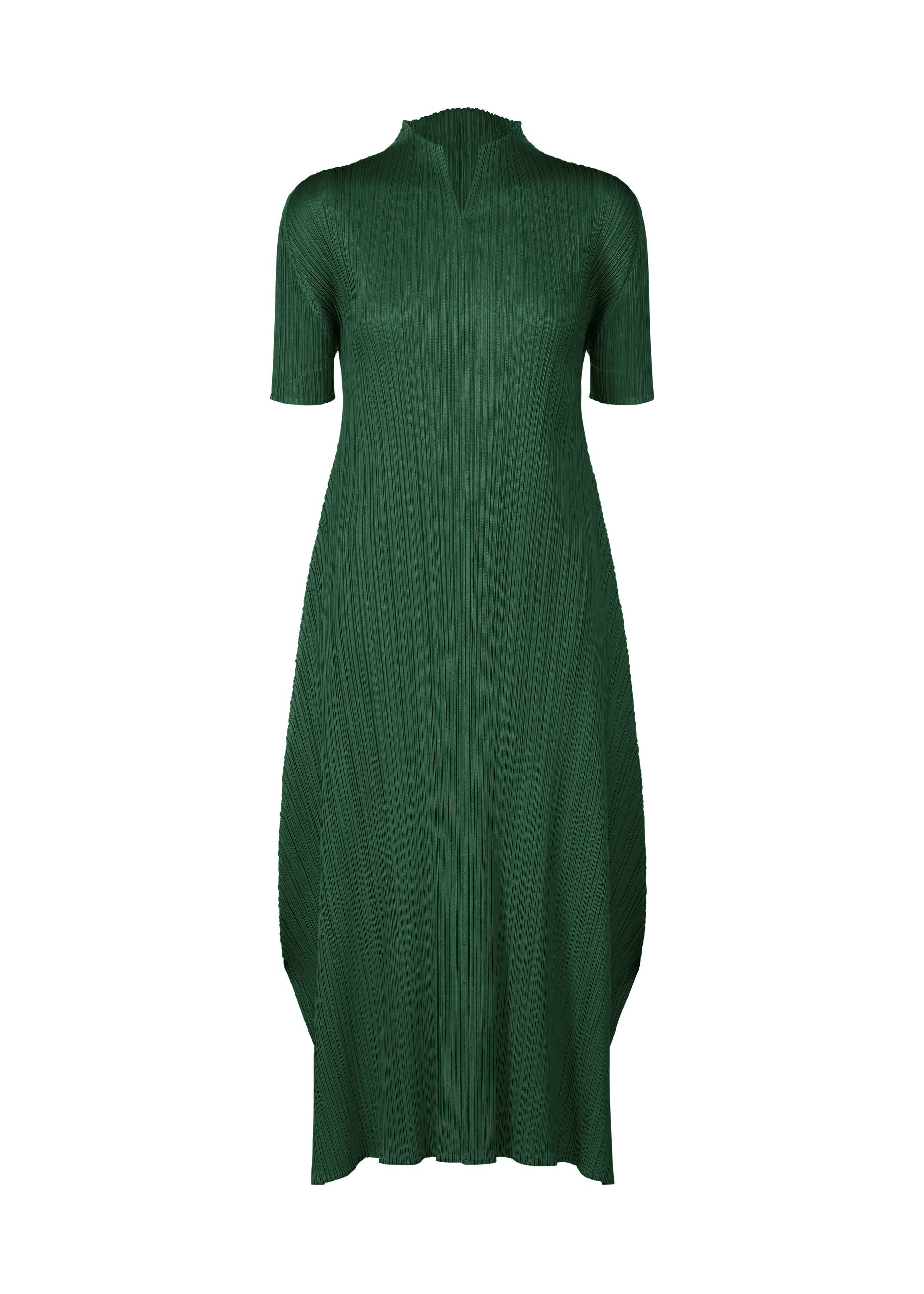 Zoomed view The MONTHLY COLORS : MARCH dress by PLEATS PLEASE ISSEY MIYAKE is a green, short-sleeved, knee-length spring dress with a high neckline and vertical pleats, shown on a plain white background. - DARK GREEN （no.67）