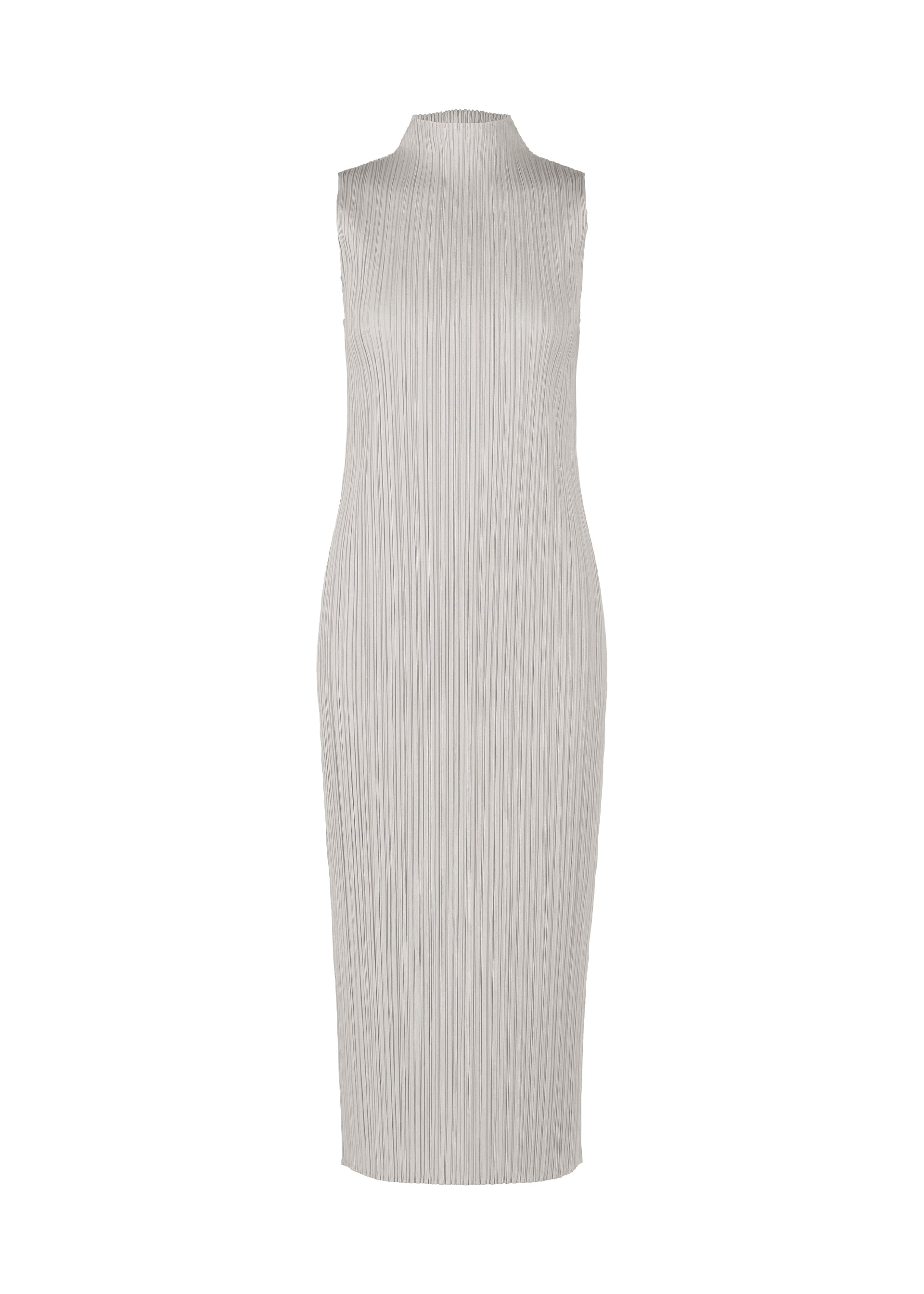 Zoomed view The MONTHLY COLORS : APRIL dress by PLEATS PLEASE ISSEY MIYAKE is a light gray, high-neck sleeveless piece with fine vertical pleats and a simple silhouette, displayed on a plain white background. - COOL GRAY （no.11）