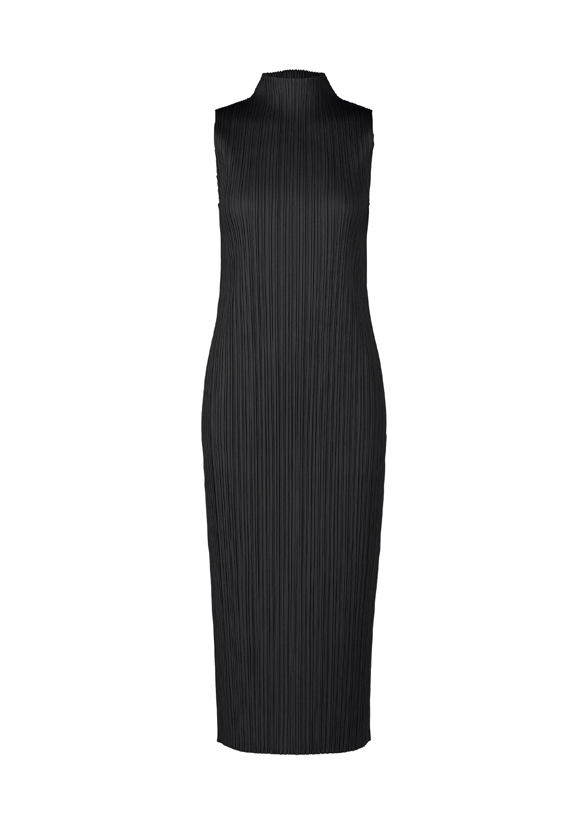 The MONTHLY COLORS : APRIL dress by PLEATS PLEASE ISSEY MIYAKE is a black, high-neck sleeveless midi with vertical pleats and a simple silhouette, shown against a white background. view 2 of 9