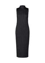 The MONTHLY COLORS : APRIL dress by PLEATS PLEASE ISSEY MIYAKE is a black, high-neck sleeveless midi with vertical pleats and a simple silhouette, shown against a white background. - BLACK （no.15）