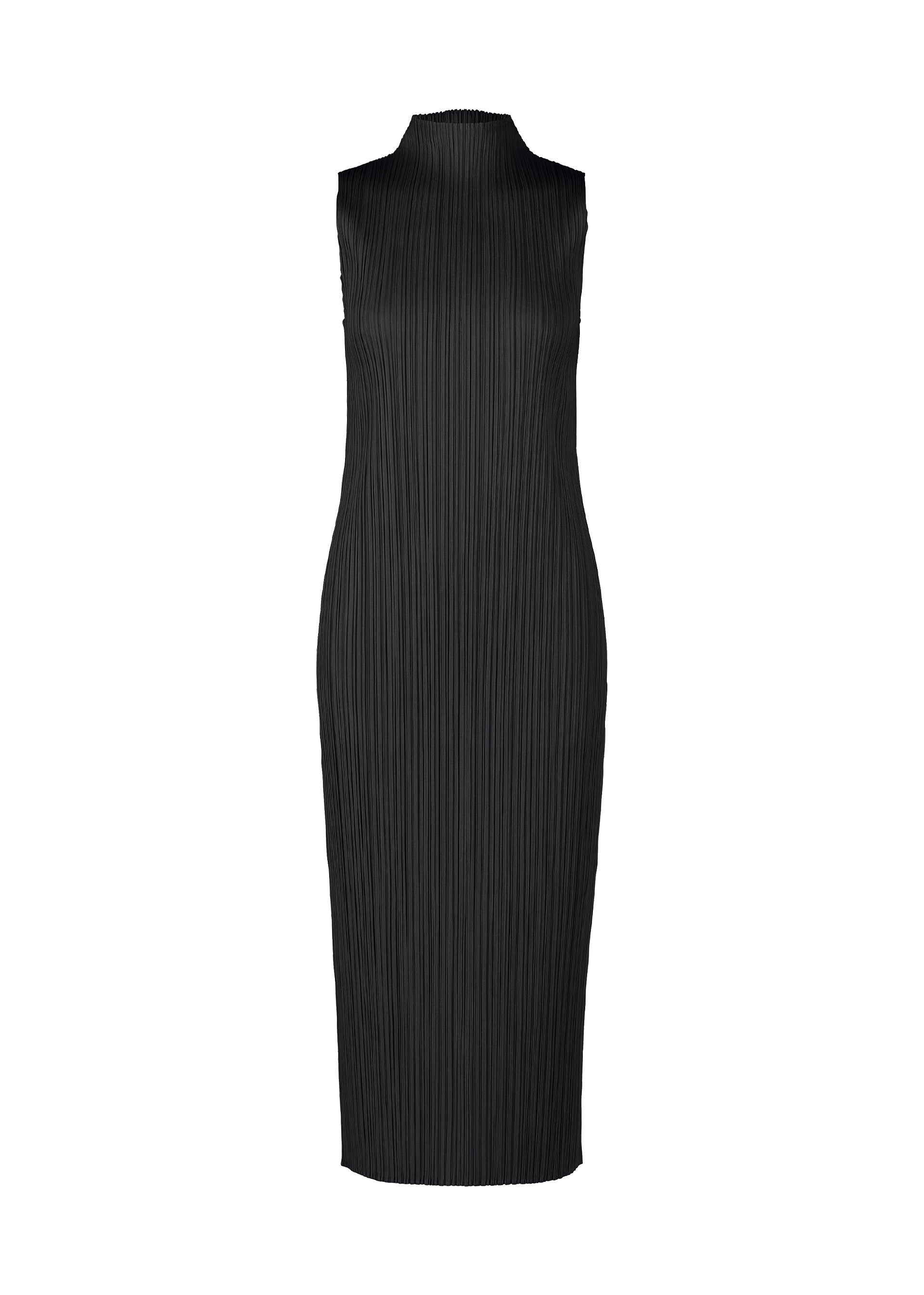 Zoomed view The MONTHLY COLORS : APRIL dress by PLEATS PLEASE ISSEY MIYAKE is a black, high-neck sleeveless midi with vertical pleats and a simple silhouette, shown against a white background. - BLACK （no.15）