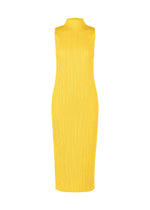 The MONTHLY COLORS : APRIL by PLEATS PLEASE ISSEY MIYAKE is a sleeveless yellow midi dress with a high neckline and pleated, textured fabric, featuring simple silhouettes and light colors on a white background. - YELLOW （no.52）