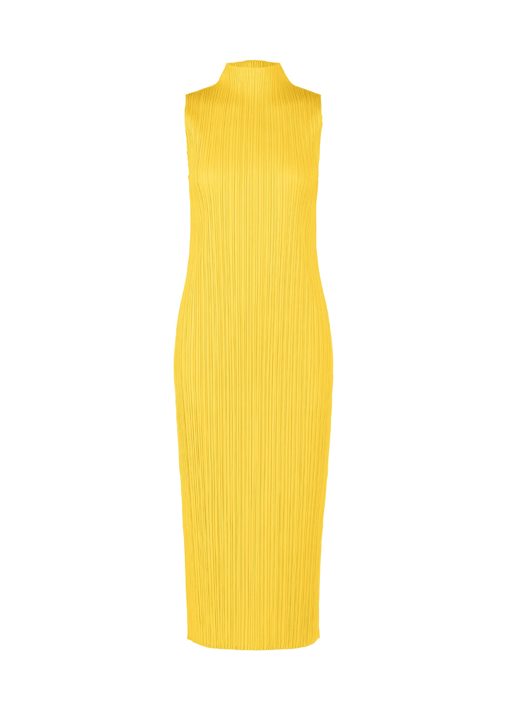 Zoomed view The MONTHLY COLORS : APRIL by PLEATS PLEASE ISSEY MIYAKE is a sleeveless yellow midi dress with a high neckline and pleated, textured fabric, featuring simple silhouettes and light colors on a white background. - YELLOW （no.52）