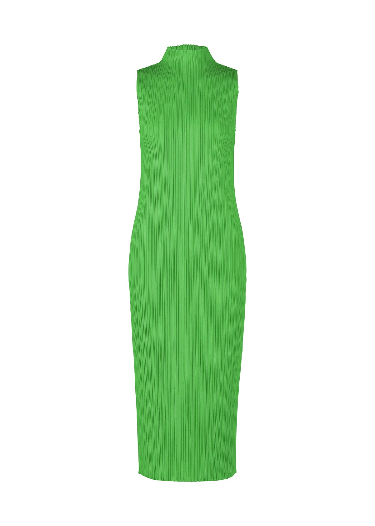 The MONTHLY COLORS : APRIL dress by PLEATS PLEASE ISSEY MIYAKE is a bright green, high-neck sleeveless piece with vertical pleats and a simple silhouette, showcased against a plain white background. view 4 of 9