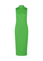The MONTHLY COLORS : APRIL dress by PLEATS PLEASE ISSEY MIYAKE is a bright green, high-neck sleeveless piece with vertical pleats and a simple silhouette, showcased against a plain white background. - GREEN （no.62）