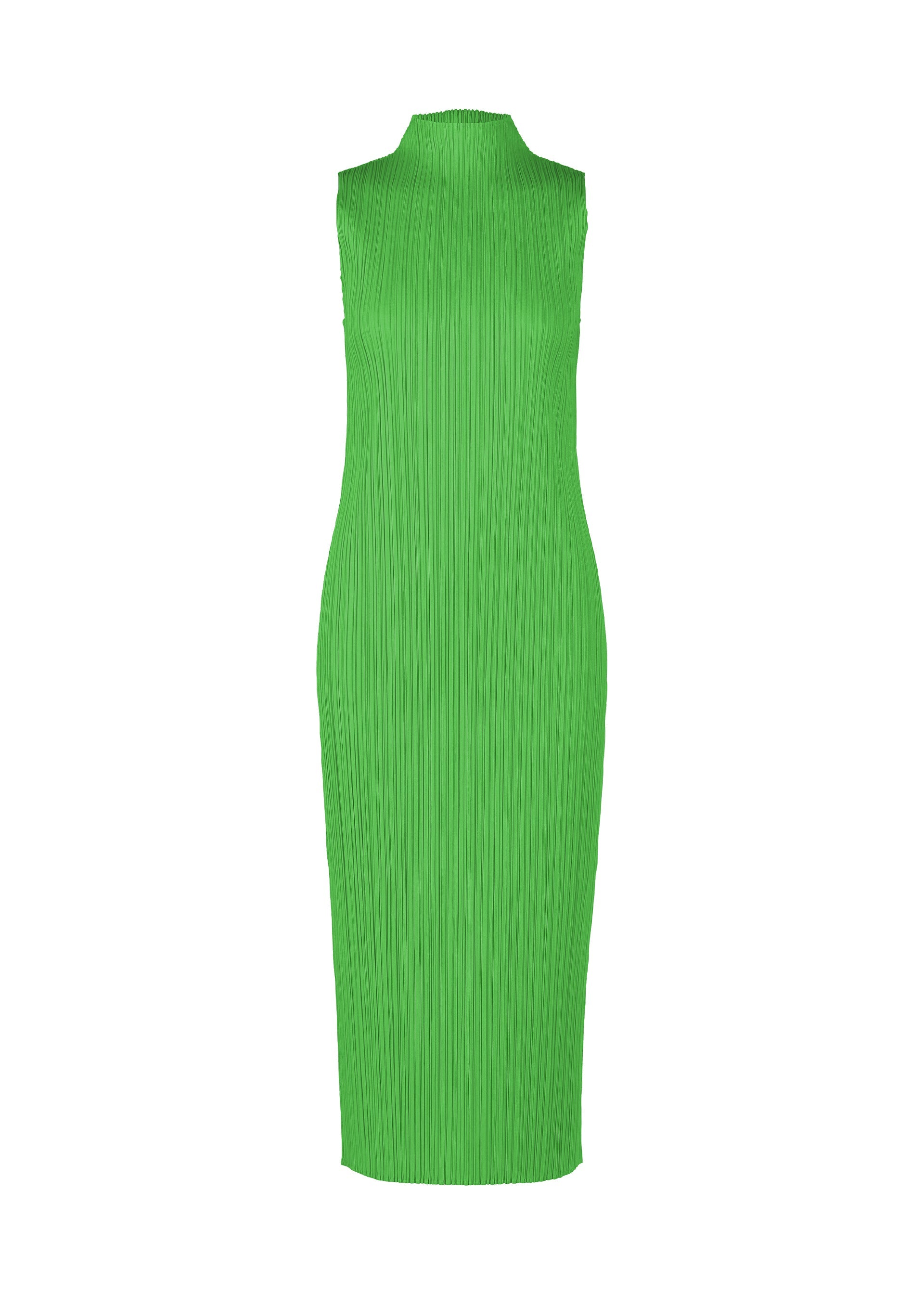 Zoomed view The MONTHLY COLORS : APRIL dress by PLEATS PLEASE ISSEY MIYAKE is a bright green, high-neck sleeveless piece with vertical pleats and a simple silhouette, showcased against a plain white background. - GREEN （no.62）