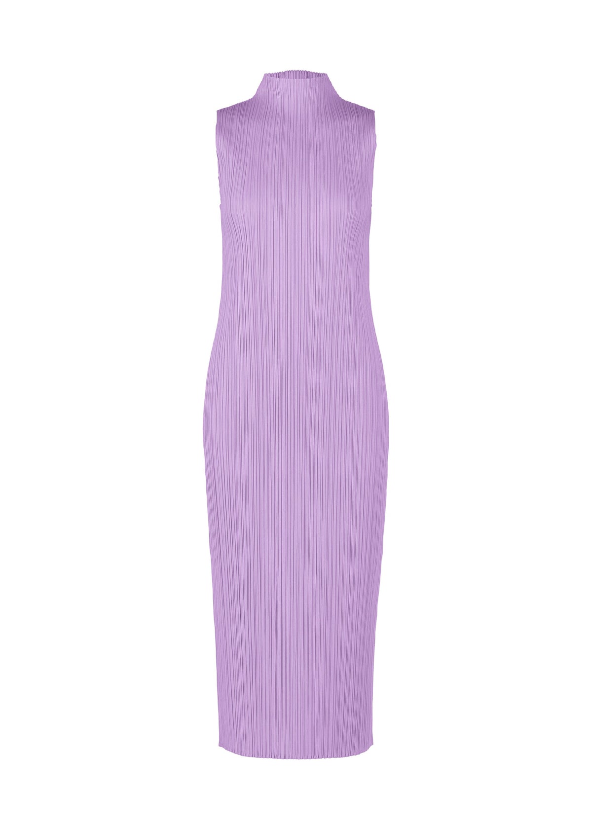 The MONTHLY COLORS : APRIL dress by PLEATS PLEASE ISSEY MIYAKE is a sleeveless lilac midi with a high neckline and light-colored pleated texture, shown on a white background—ideal for fans of minimalist design. view 5 of 9