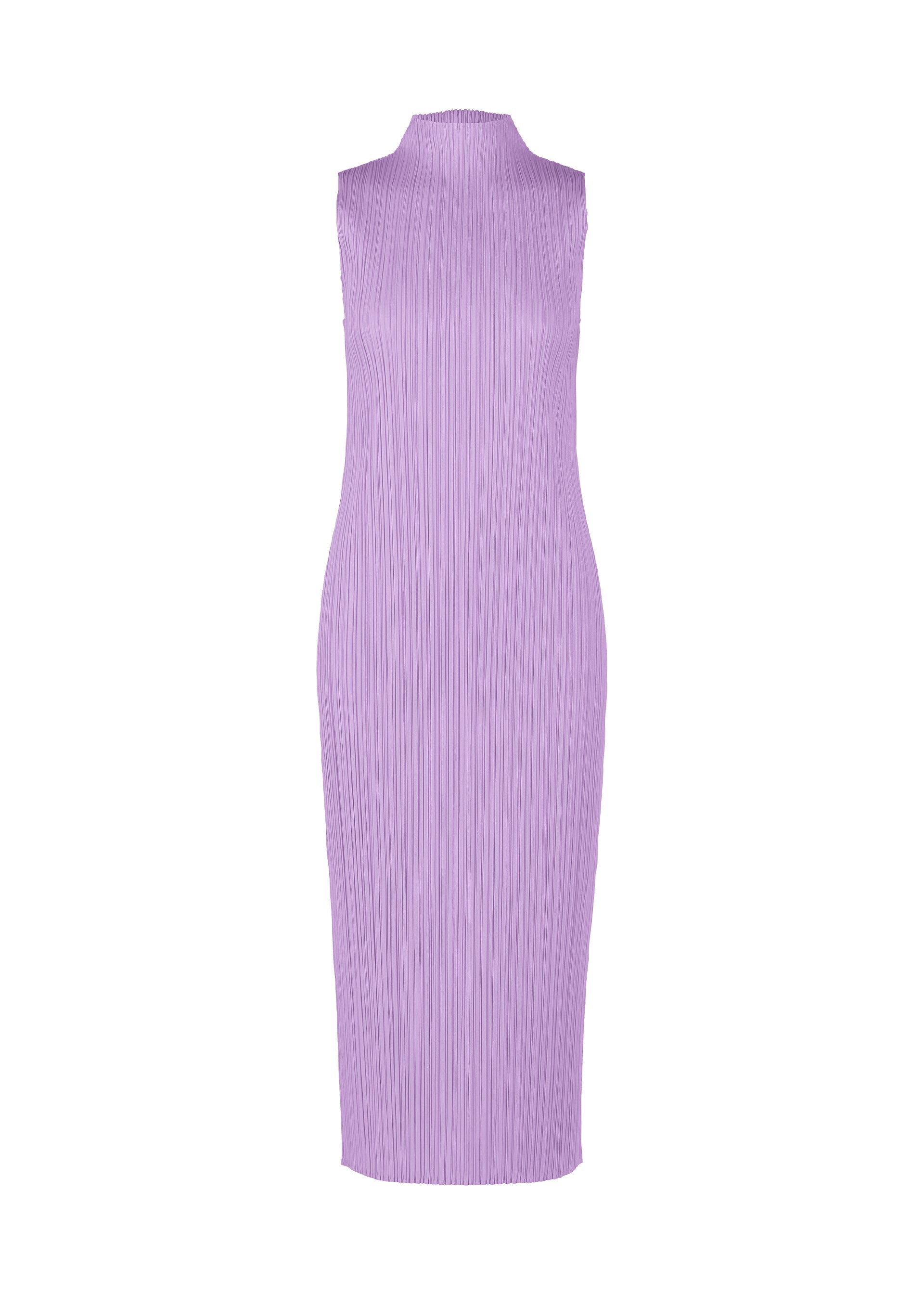 Zoomed view The MONTHLY COLORS : APRIL dress by PLEATS PLEASE ISSEY MIYAKE is a sleeveless lilac midi with a high neckline and light-colored pleated texture, shown on a white background—ideal for fans of minimalist design. - LIGHT PURPLE （no.80）