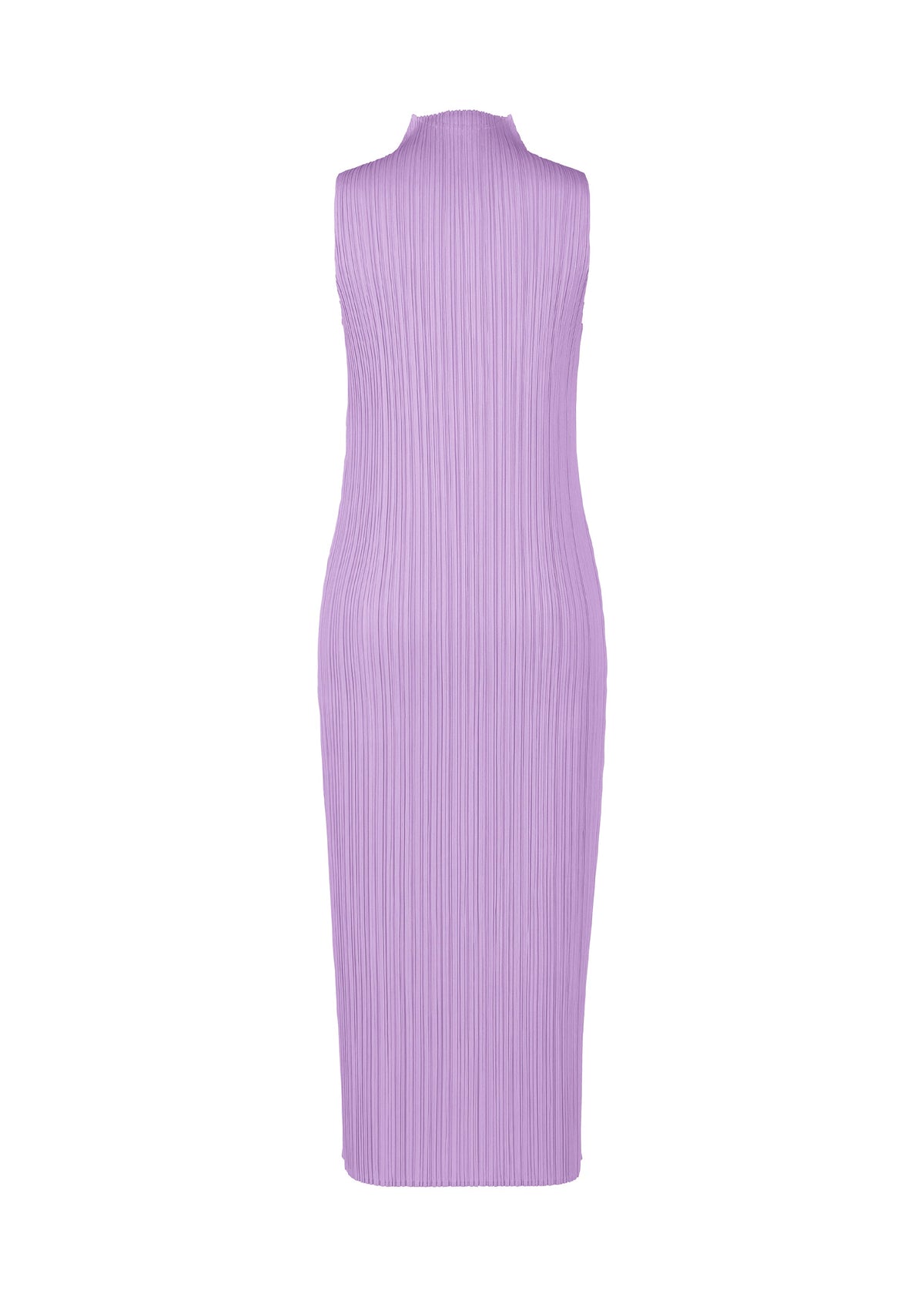 The MONTHLY COLORS : APRIL dress by PLEATS PLEASE ISSEY MIYAKE is a high-neck, sleeveless lilac midi with a pleated, textured fabric and fitted silhouette for an elegant, minimalist look without visible embellishments or fastenings. view 6 of 9