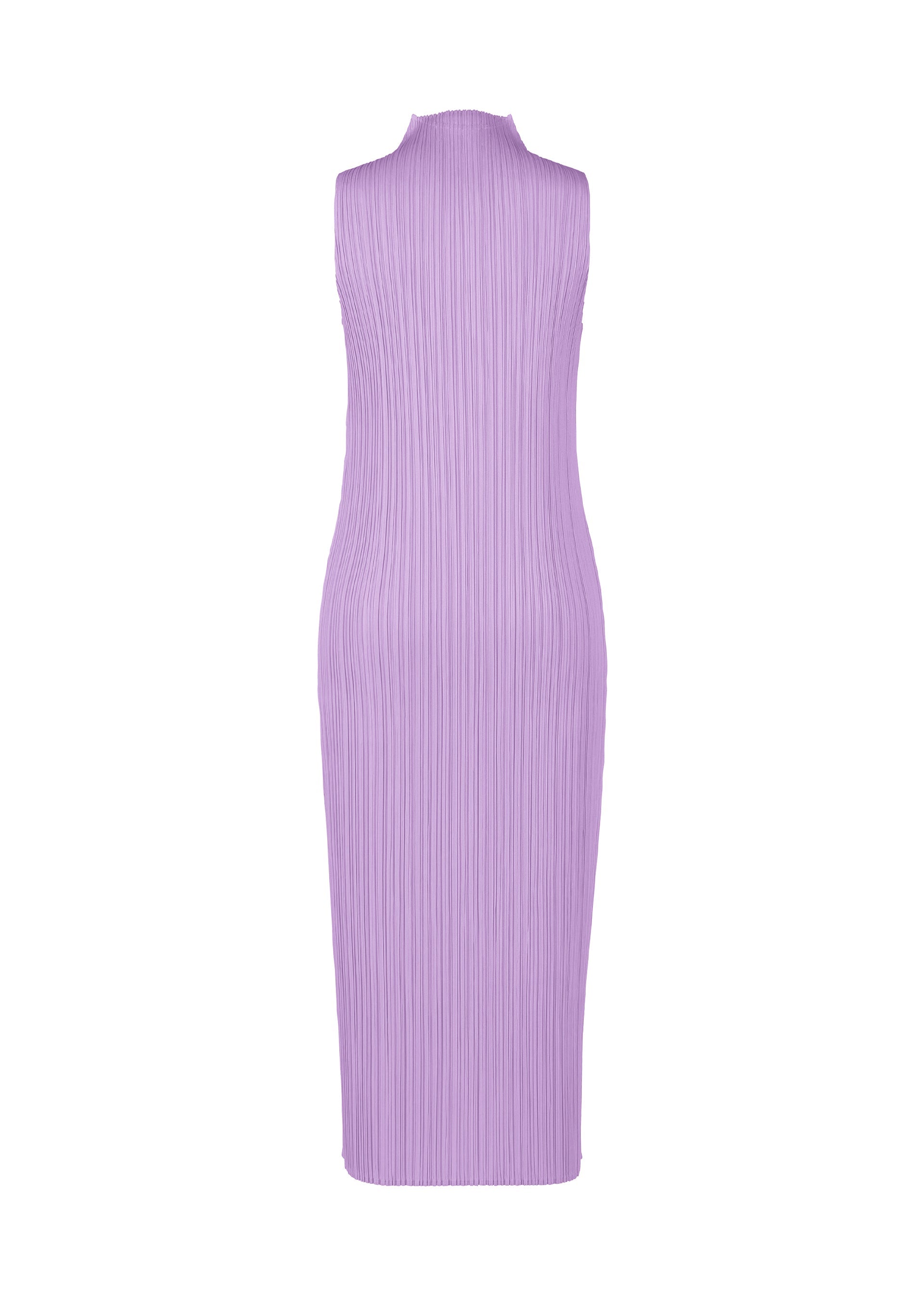 Zoomed view The MONTHLY COLORS : APRIL dress by PLEATS PLEASE ISSEY MIYAKE is a high-neck, sleeveless lilac midi with a pleated, textured fabric and fitted silhouette for an elegant, minimalist look without visible embellishments or fastenings.