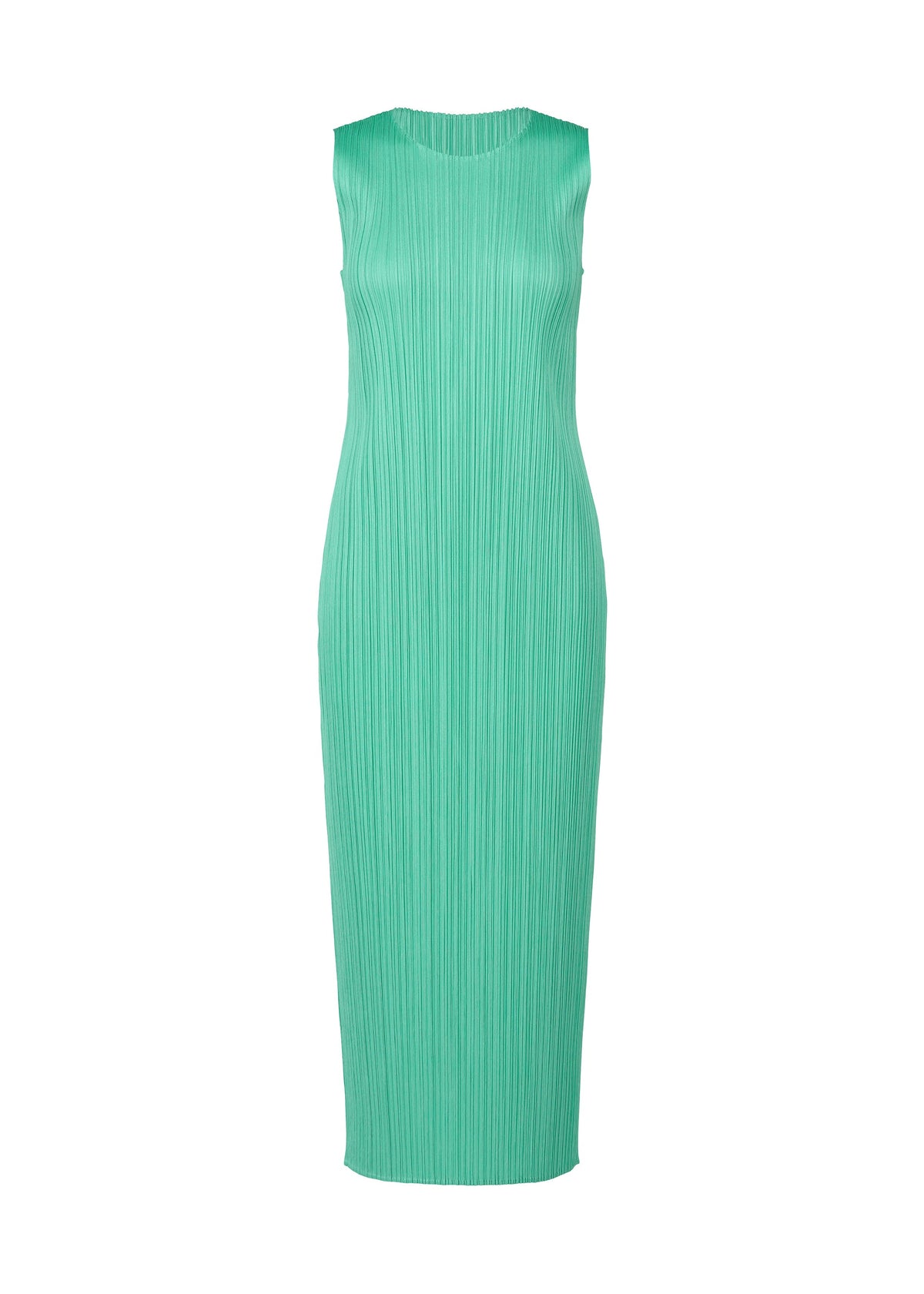 The MONTHLY COLORS : MAY dress by PLEATS PLEASE ISSEY MIYAKE is a sleeveless, light turquoise summer piece with a round neckline and vertical pleats, shown on a white background. view 3 of 9