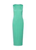 The MONTHLY COLORS : MAY dress by PLEATS PLEASE ISSEY MIYAKE is a sleeveless, light turquoise summer piece with a round neckline and vertical pleats, shown on a white background. - TURQUOISE GREEN (no.66)