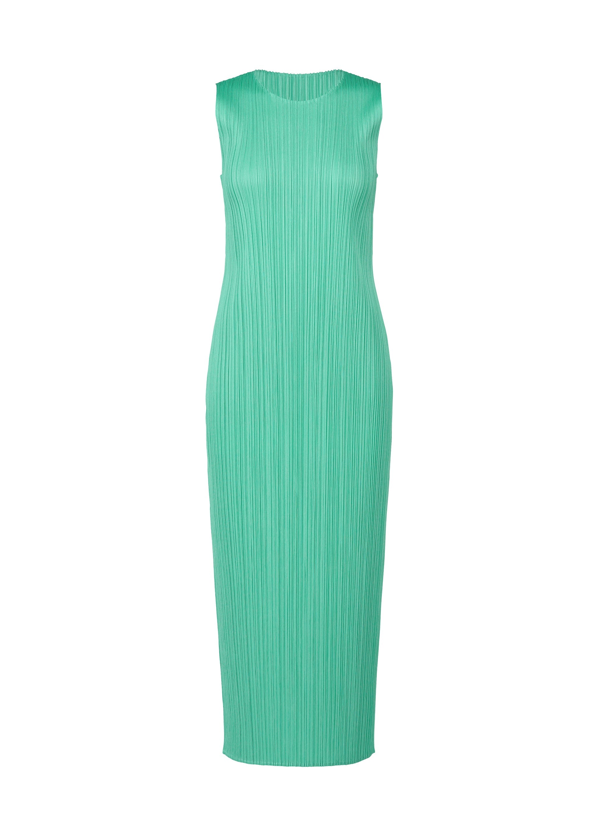 Zoomed view The MONTHLY COLORS : MAY dress by PLEATS PLEASE ISSEY MIYAKE is a sleeveless, light turquoise summer piece with a round neckline and vertical pleats, shown on a white background. - TURQUOISE GREEN (no.66)