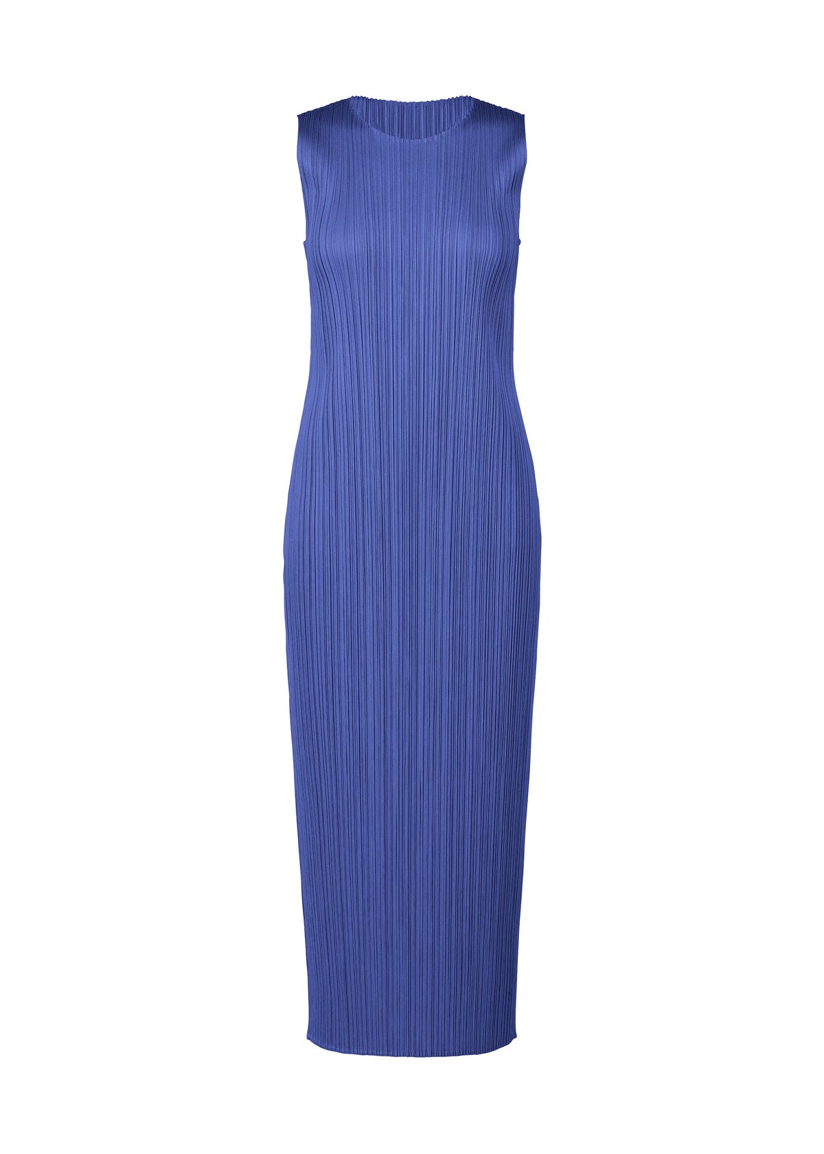 The MONTHLY COLORS : MAY dress by PLEATS PLEASE ISSEY MIYAKE is a sleeveless, calf-length cobalt blue summer dress with a high neckline and vertical pleats, shown on a plain white background. view 4 of 9