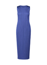 The MONTHLY COLORS : MAY dress by PLEATS PLEASE ISSEY MIYAKE is a sleeveless, calf-length cobalt blue summer dress with a high neckline and vertical pleats, shown on a plain white background. - BLUE (no.72)