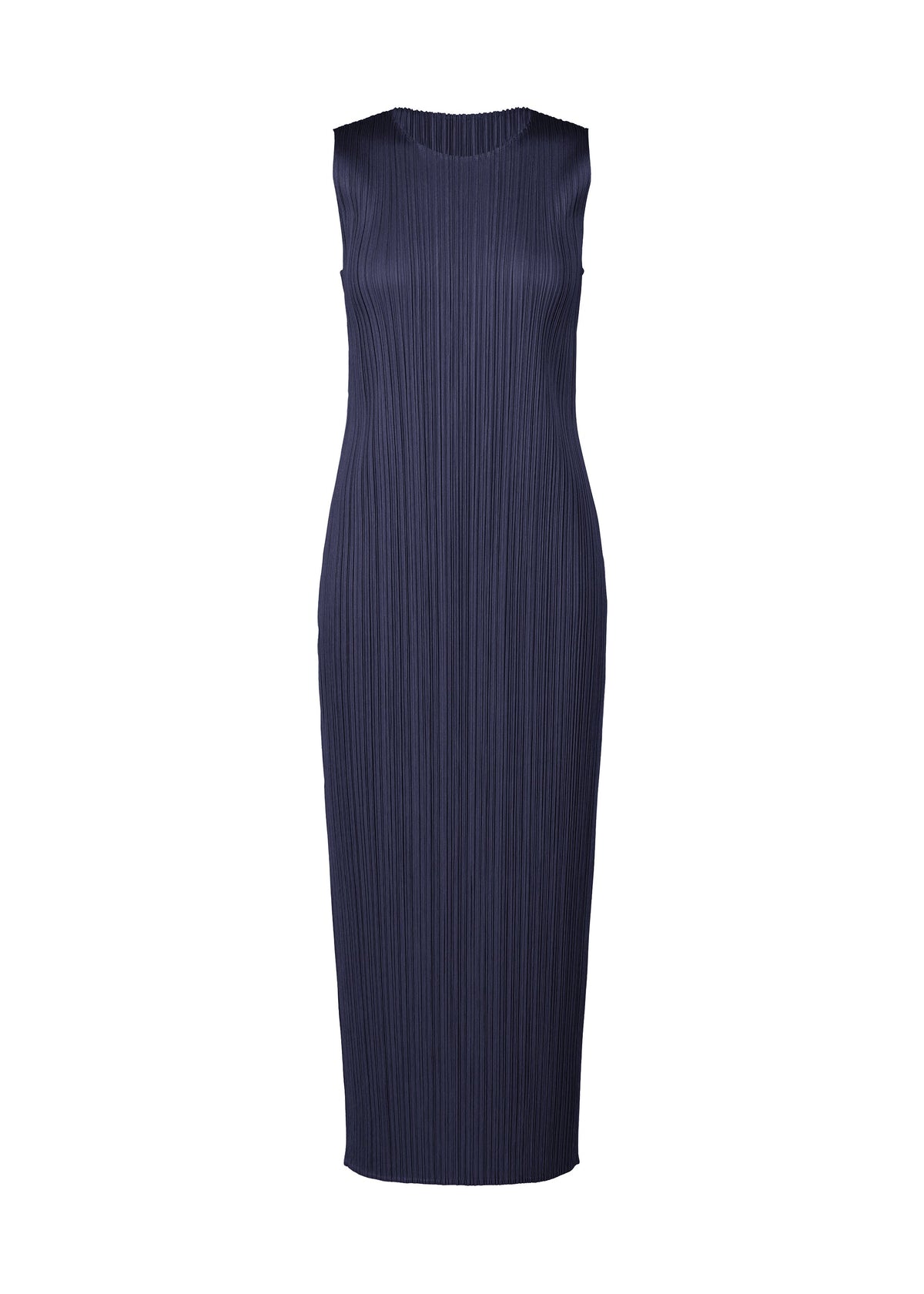 The MONTHLY COLORS : MAY dress by PLEATS PLEASE ISSEY MIYAKE is a sleeveless, navy blue ankle-length summer dress with vertical pleats, round neckline, and a fitted silhouette—perfect for warm days. Shown against a white background. view 5 of 9
