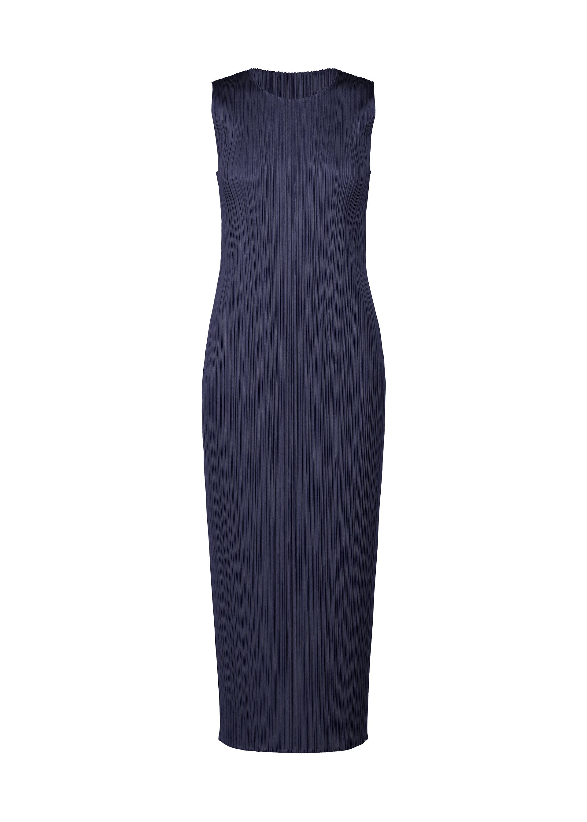 Zoomed view The MONTHLY COLORS : MAY dress by PLEATS PLEASE ISSEY MIYAKE is a sleeveless, navy blue ankle-length summer dress with vertical pleats, round neckline, and a fitted silhouette—perfect for warm days. Shown against a white background. - NAVY (no.75)