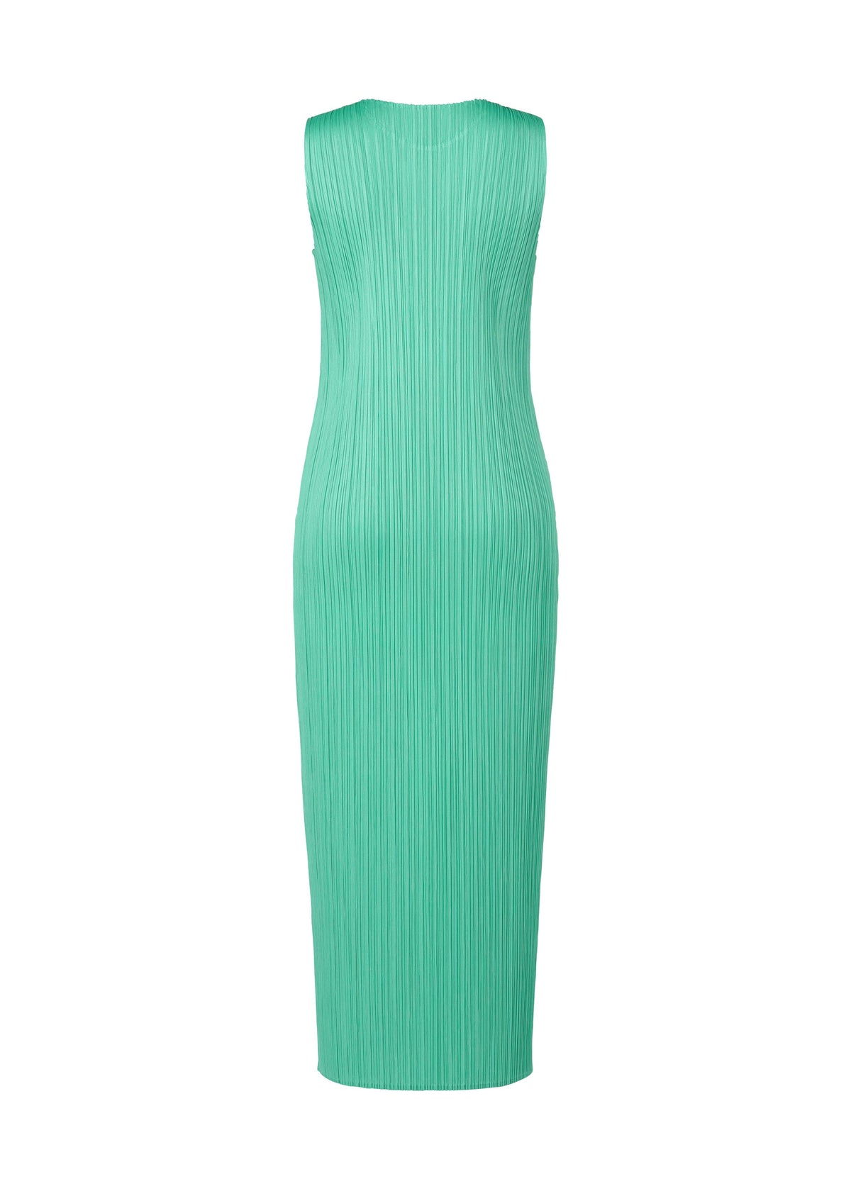 The MONTHLY COLORS : MAY dress by PLEATS PLEASE ISSEY MIYAKE is a sleeveless, fitted, light turquoise summer piece with a round neckline and ribbed pleats, shown against a plain white background. view 6 of 9