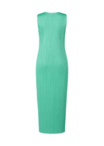 The MONTHLY COLORS : MAY dress by PLEATS PLEASE ISSEY MIYAKE is a sleeveless, fitted, light turquoise summer piece with a round neckline and ribbed pleats, shown against a plain white background.