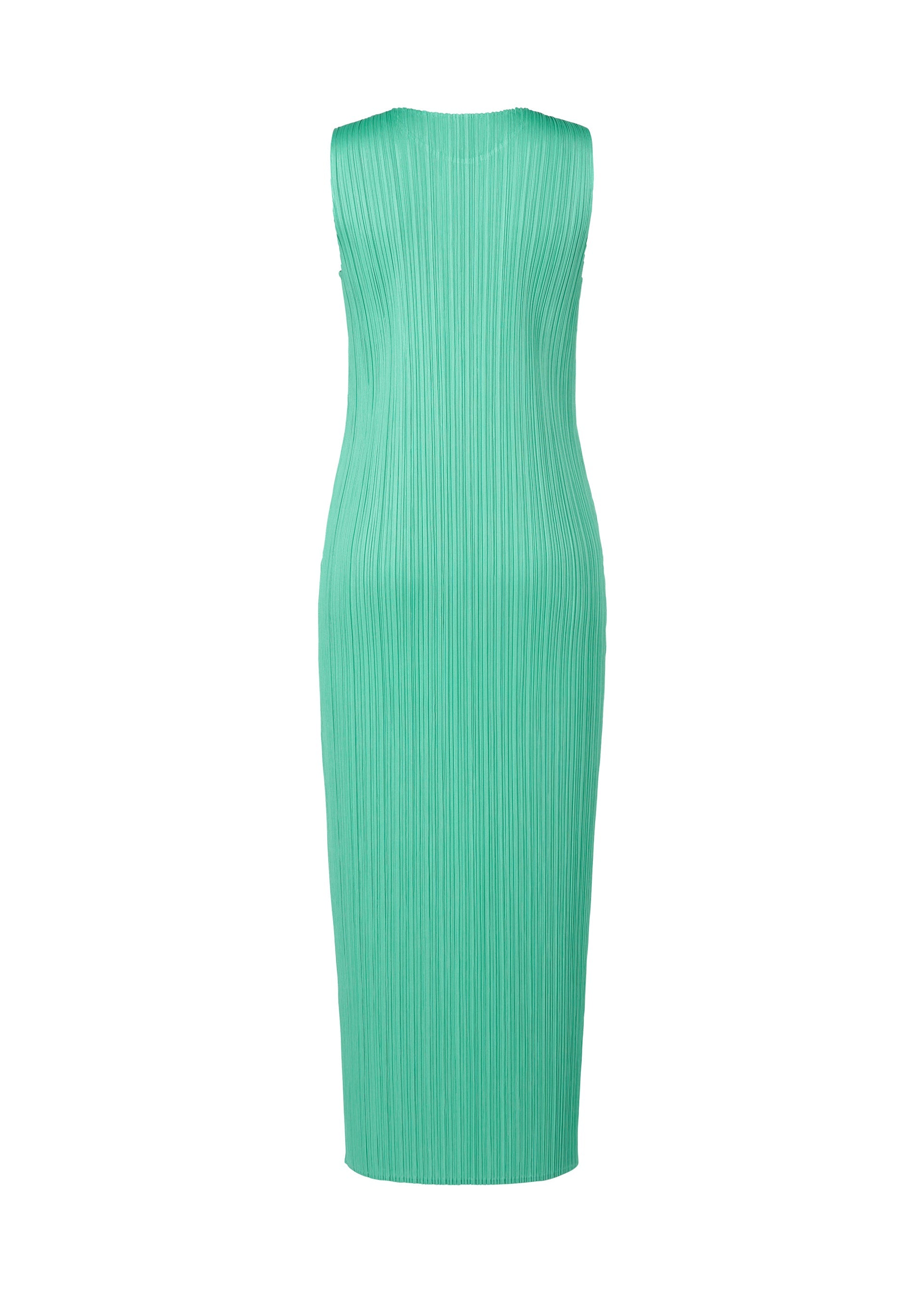 Zoomed view The MONTHLY COLORS : MAY dress by PLEATS PLEASE ISSEY MIYAKE is a sleeveless, fitted, light turquoise summer piece with a round neckline and ribbed pleats, shown against a plain white background.