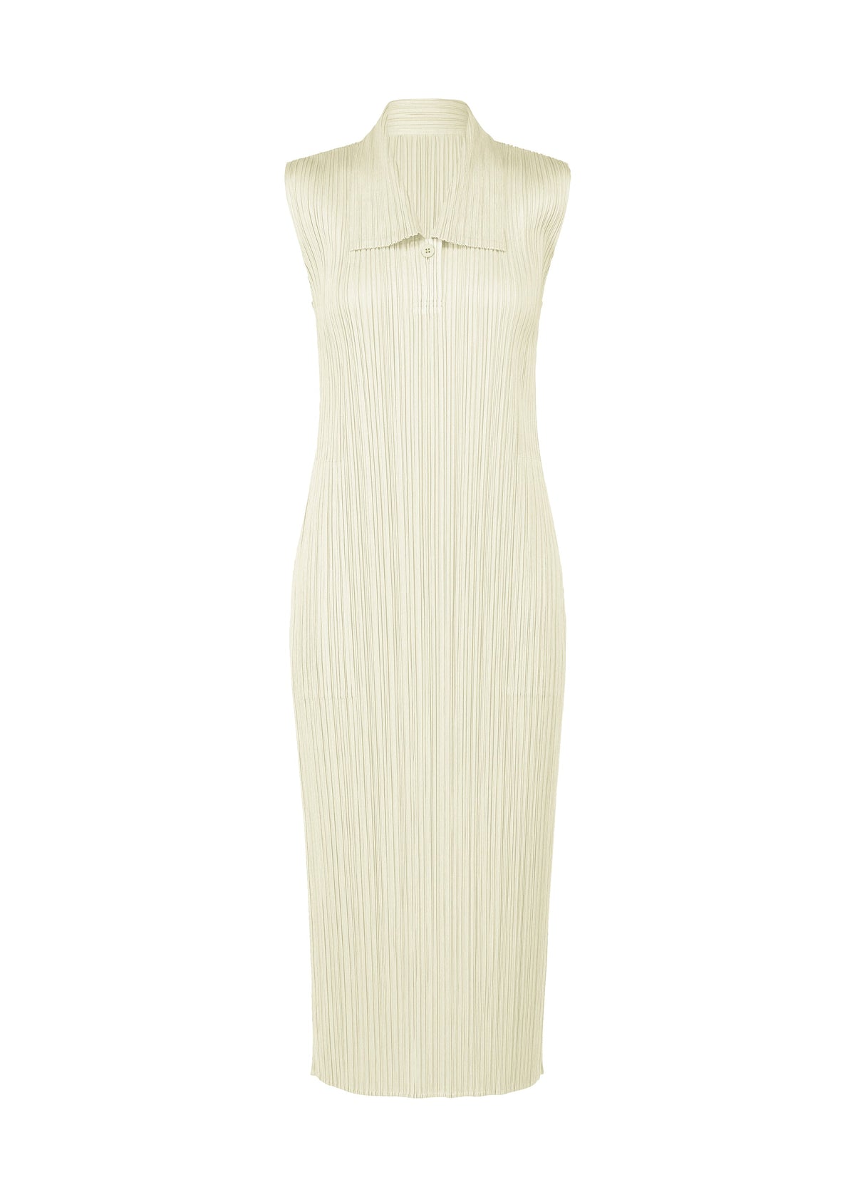 MONTHLY COLORS : MAY by PLEATS PLEASE ISSEY MIYAKE is a sleeveless, light beige summer dress with a high collar, vertical pleats, fitted silhouette, and button detail at the neckline. view 1 of 10