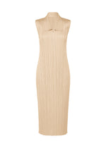 The MONTHLY COLORS : MAY dress by PLEATS PLEASE ISSEY MIYAKE is a sleeveless beige pleated midi with a high neckline and slim, fitted silhouette—perfect for summer. - SAND BEIGE (no.43)