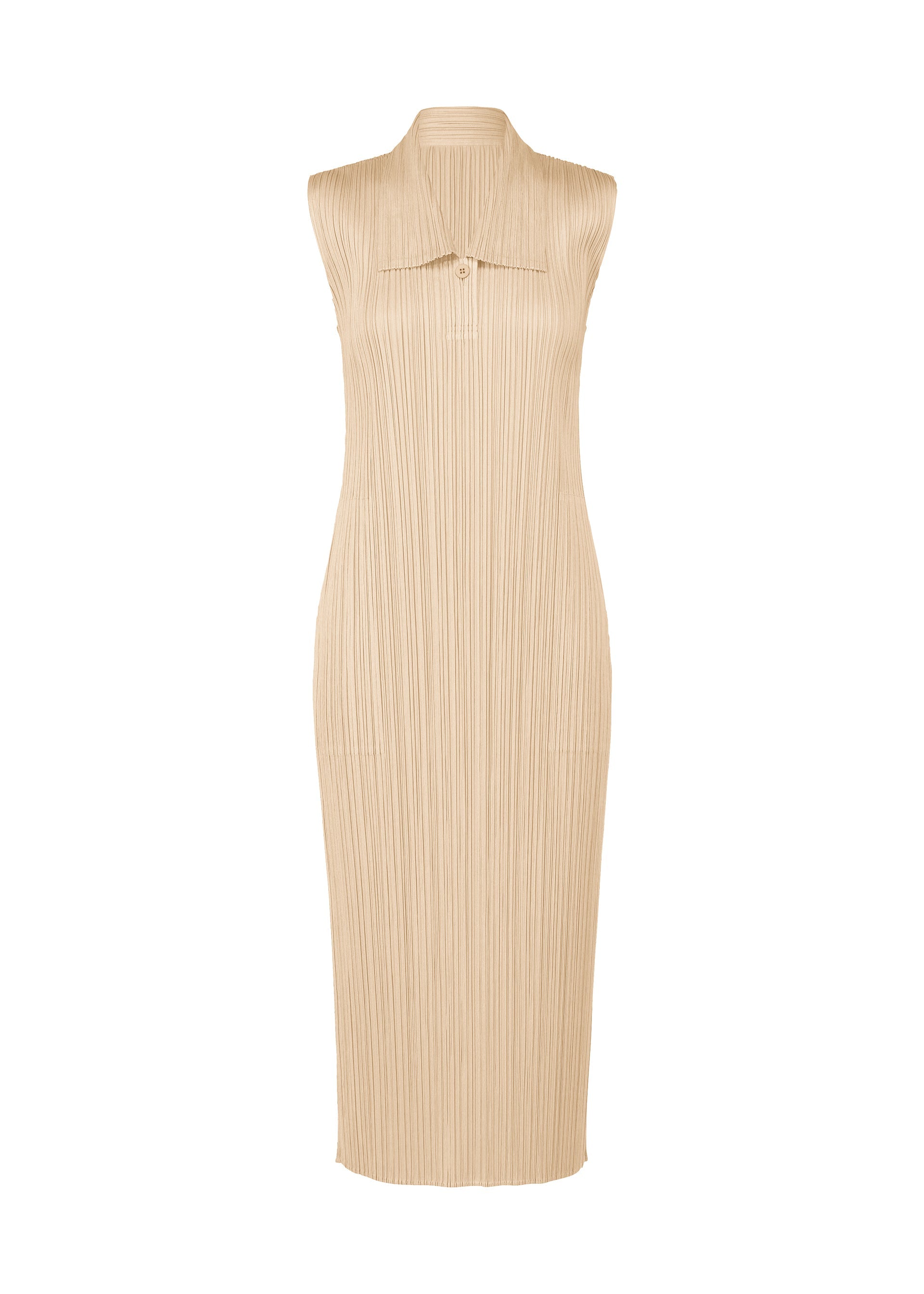 Zoomed view The MONTHLY COLORS : MAY dress by PLEATS PLEASE ISSEY MIYAKE is a sleeveless beige pleated midi with a high neckline and slim, fitted silhouette—perfect for summer. - SAND BEIGE (no.43)