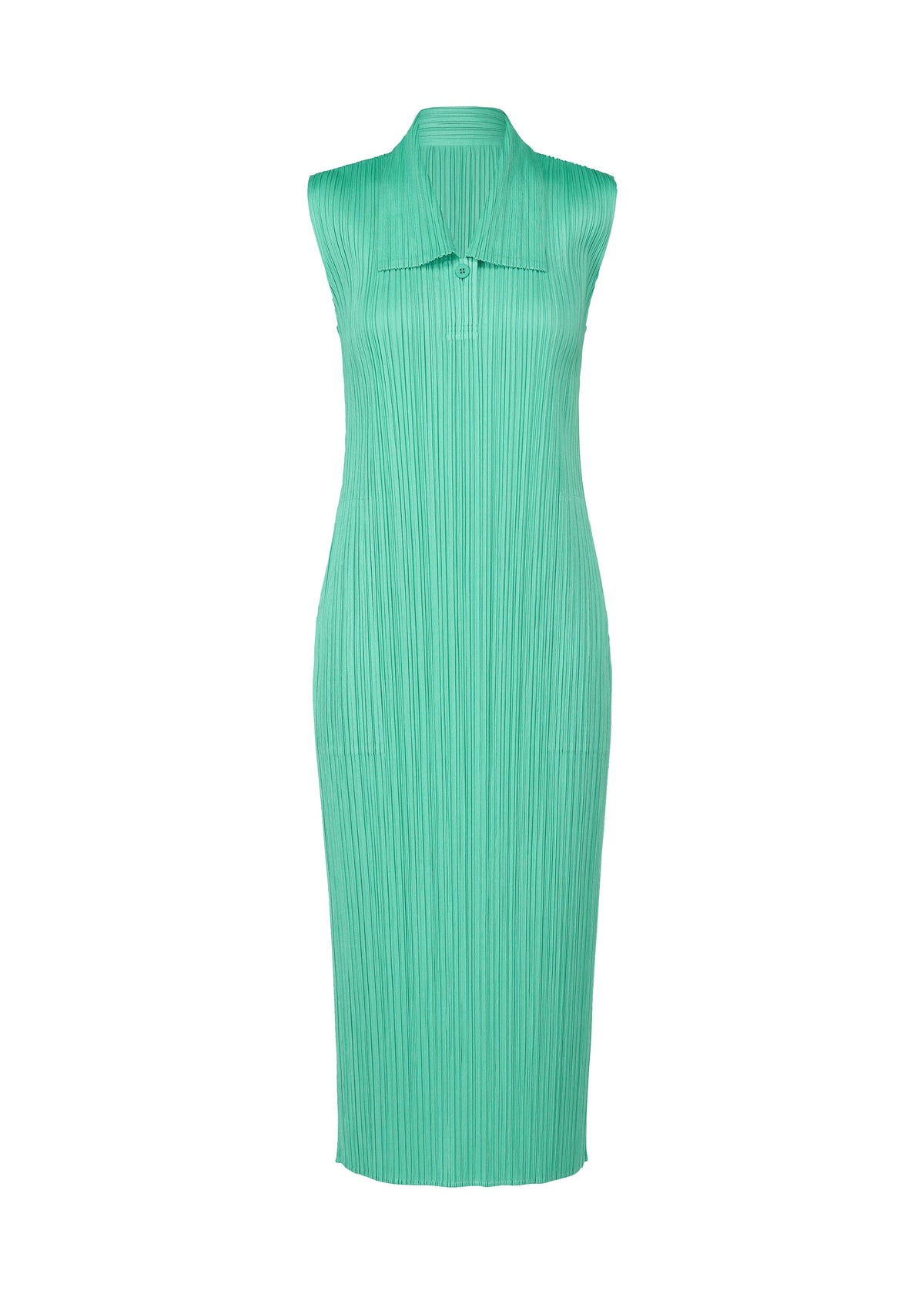 The MONTHLY COLORS : MAY by PLEATS PLEASE ISSEY MIYAKE is a sleeveless, teal-green pleated summer dress with a pointed collar, knee-length, shown on a plain white background. view 3 of 10