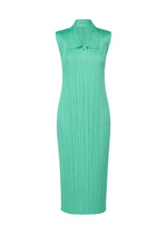The MONTHLY COLORS : MAY by PLEATS PLEASE ISSEY MIYAKE is a sleeveless, teal-green pleated summer dress with a pointed collar, knee-length, shown on a plain white background. - TURQUOISE GREEN (no.66)