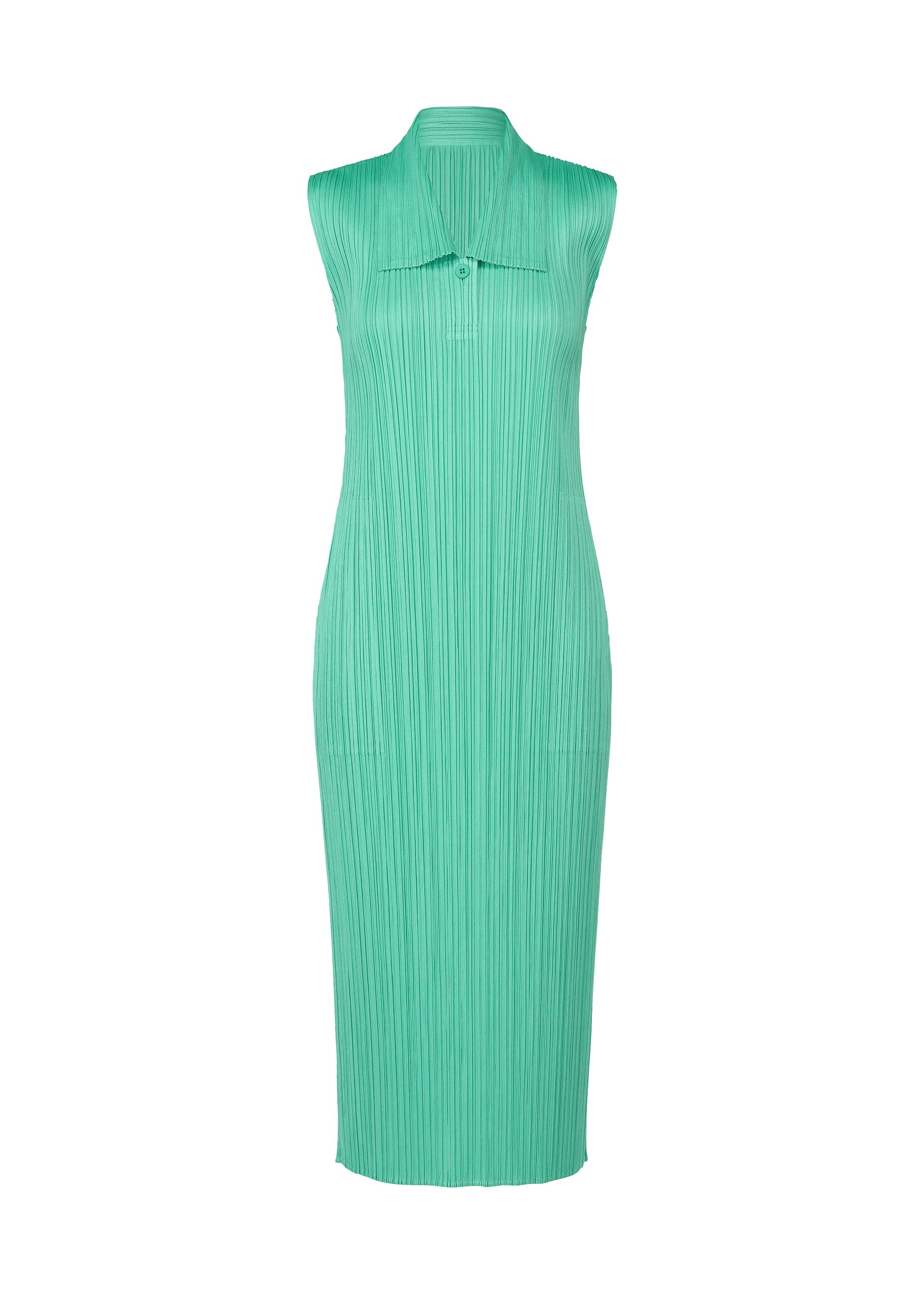 Zoomed view The MONTHLY COLORS : MAY by PLEATS PLEASE ISSEY MIYAKE is a sleeveless, teal-green pleated summer dress with a pointed collar, knee-length, shown on a plain white background. - TURQUOISE GREEN (no.66)