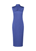 The MONTHLY COLORS : MAY dress by PLEATS PLEASE ISSEY MIYAKE is a sleeveless, knee-length royal blue piece with vertical pleats, high collar, and front zipper—offering a modern, minimalist look perfect for warm weather. - BLUE (no.72)