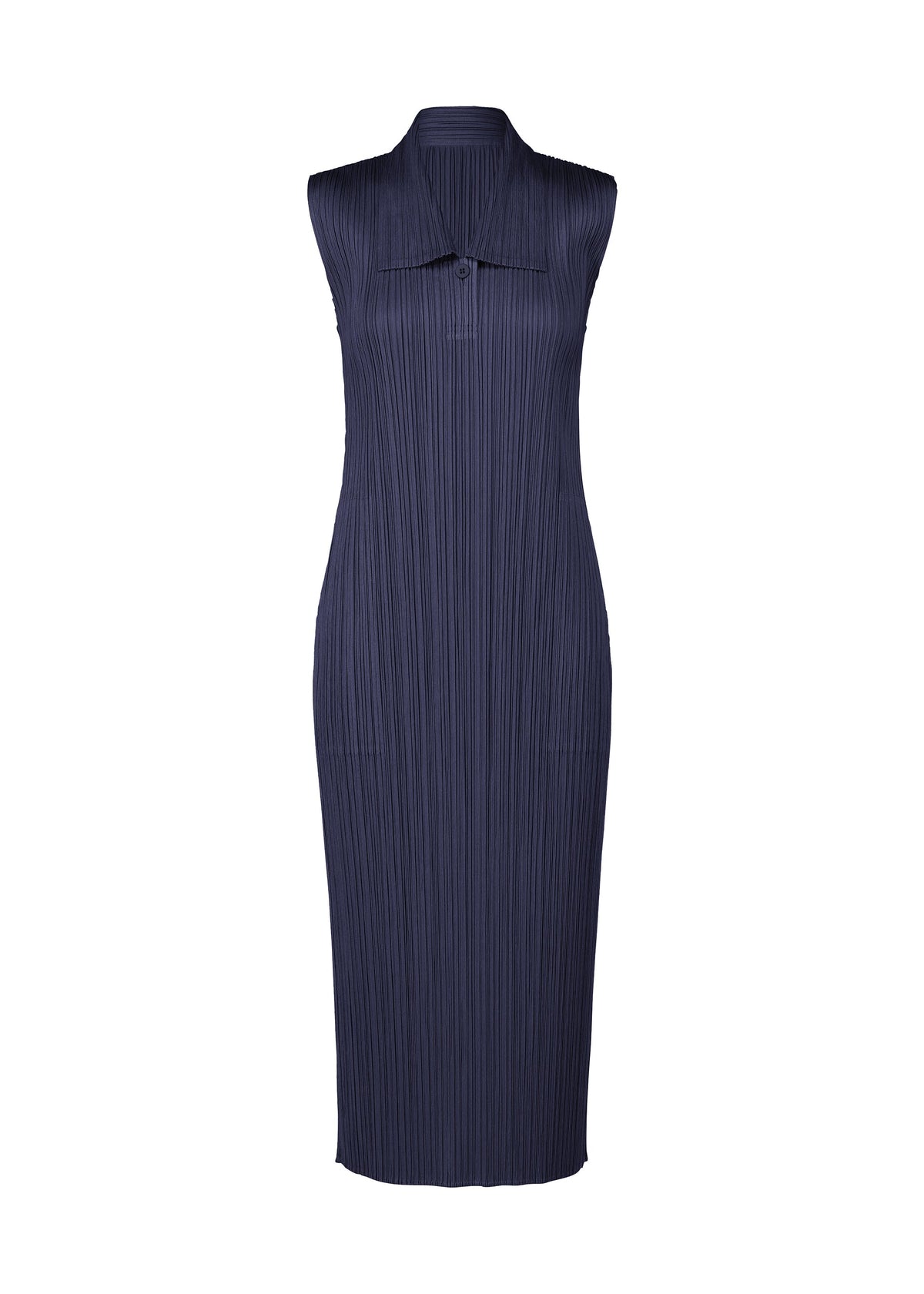 The MONTHLY COLORS : MAY dress by PLEATS PLEASE ISSEY MIYAKE is a sleeveless, navy blue, midi-length summer dress featuring a collared neckline and all-over vertical pleats, shown against a plain white background. view 5 of 10