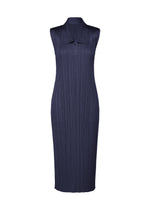 The MONTHLY COLORS : MAY dress by PLEATS PLEASE ISSEY MIYAKE is a sleeveless, navy blue, midi-length summer dress featuring a collared neckline and all-over vertical pleats, shown against a plain white background. - NAVY (no.75)