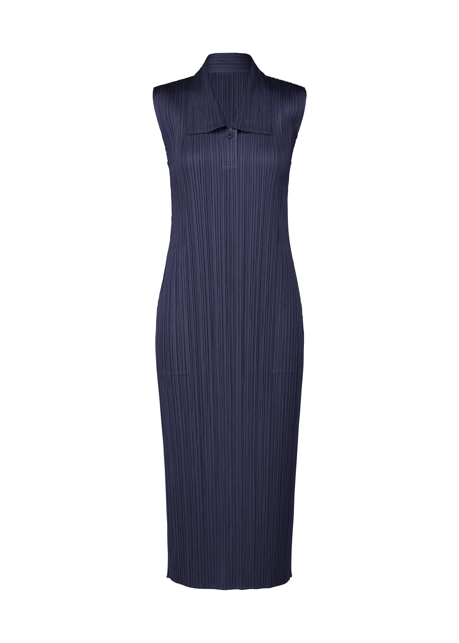 Zoomed view The MONTHLY COLORS : MAY dress by PLEATS PLEASE ISSEY MIYAKE is a sleeveless, navy blue, midi-length summer dress featuring a collared neckline and all-over vertical pleats, shown against a plain white background. - NAVY (no.75)