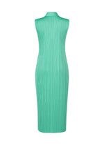 The MONTHLY COLORS : MAY dress by PLEATS PLEASE ISSEY MIYAKE is a sleeveless, light teal, midi-length summer style with a high collar and vertical pleats, shown from the back.