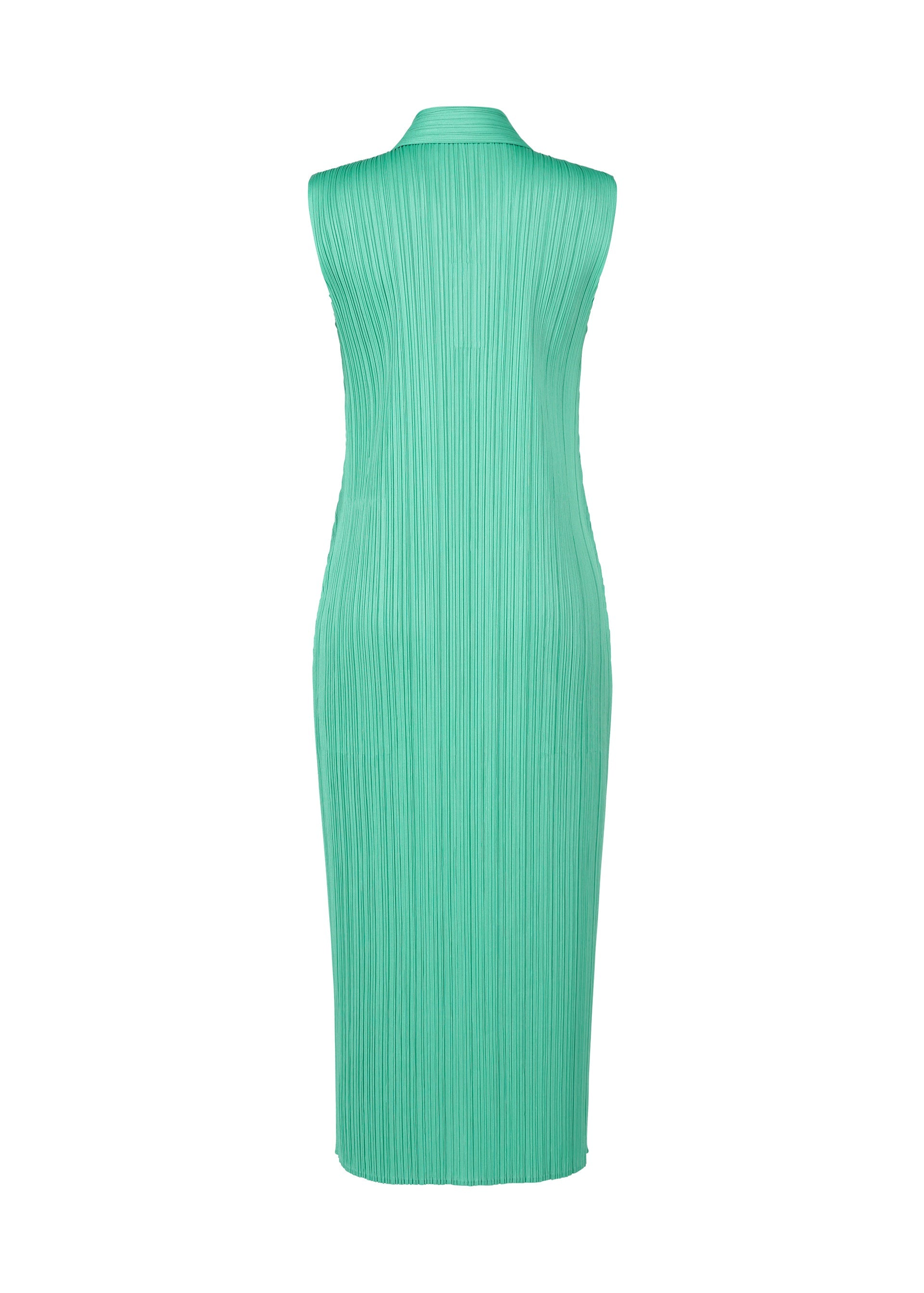 Zoomed view The MONTHLY COLORS : MAY dress by PLEATS PLEASE ISSEY MIYAKE is a sleeveless, light teal, midi-length summer style with a high collar and vertical pleats, shown from the back.