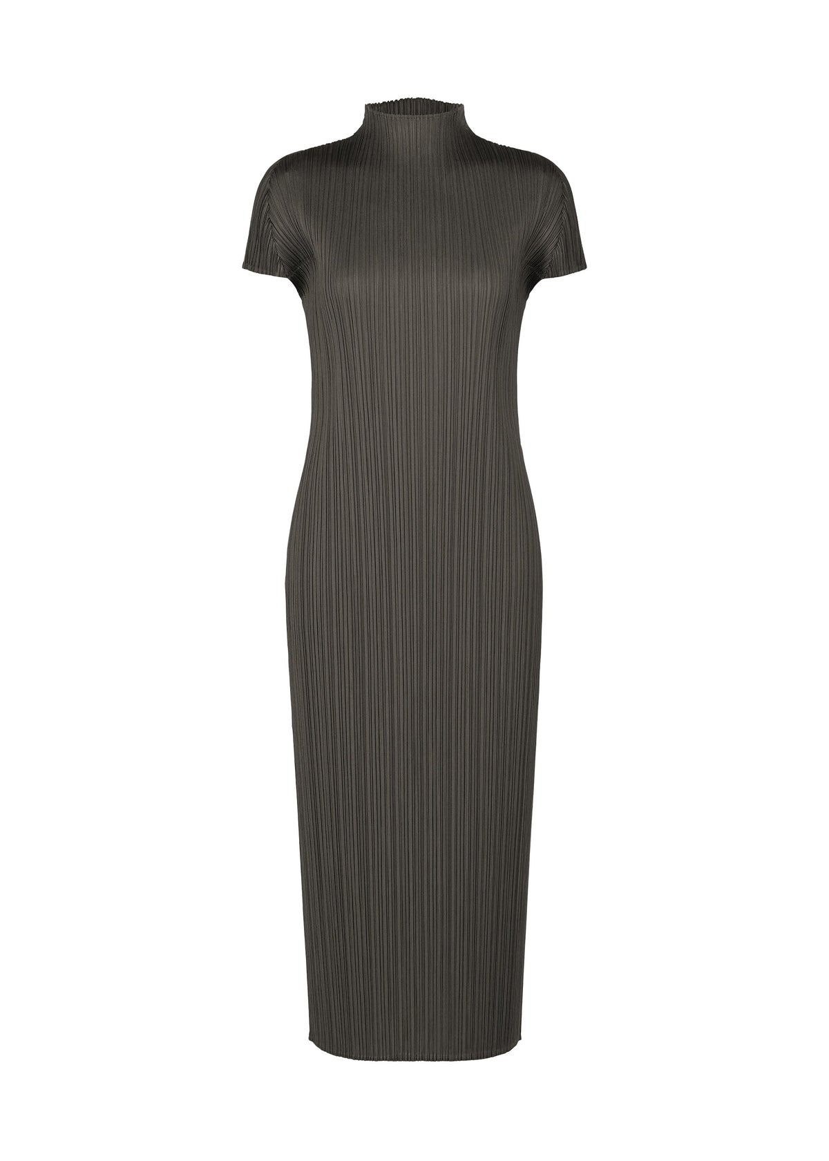 The MONTHLY COLORS : JUNE dress by PLEATS PLEASE ISSEY MIYAKE is a charcoal grey, short-sleeved piece with a high neckline and vertical pleats in coastal tones, shown against a plain white background. view 1 of 9