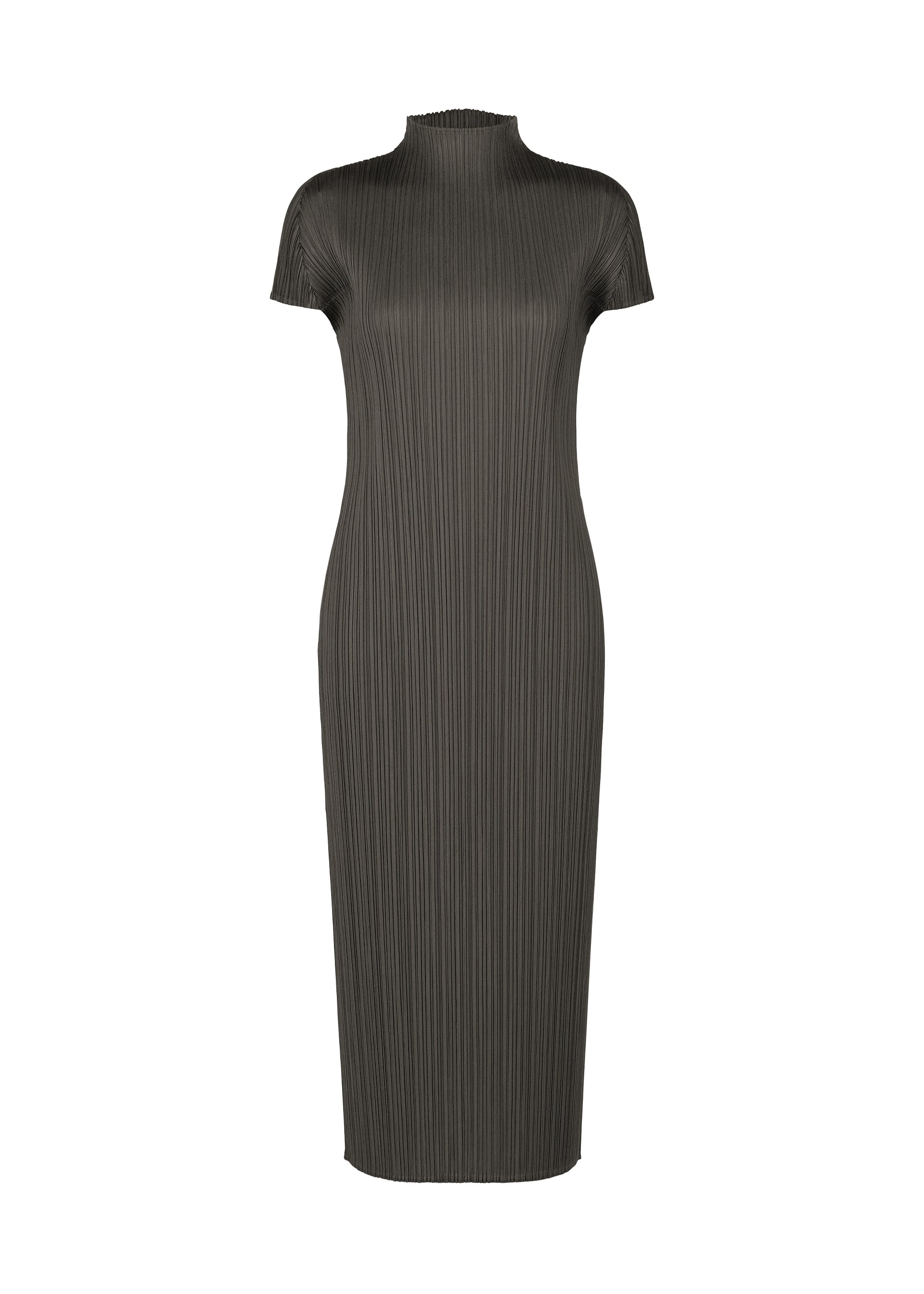 Zoomed view The MONTHLY COLORS : JUNE dress by PLEATS PLEASE ISSEY MIYAKE is a charcoal grey, short-sleeved piece with a high neckline and vertical pleats in coastal tones, shown against a plain white background. - CHARCOAL （no.17）