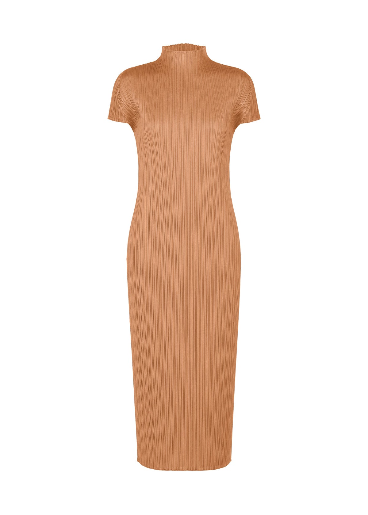 The MONTHLY COLORS : JUNE by PLEATS PLEASE ISSEY MIYAKE is a camel ribbed short-sleeved dress with a mock neck and fitted silhouette, inspired by coastal hues and shown against a white background. view 2 of 9