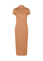 The MONTHLY COLORS : JUNE by PLEATS PLEASE ISSEY MIYAKE is a camel ribbed short-sleeved dress with a mock neck and fitted silhouette, inspired by coastal hues and shown against a white background. - PINK BEIGE （no.25）